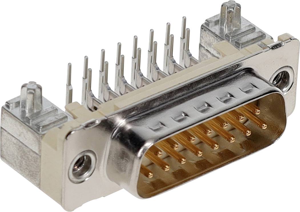 Nahaufnahme eines Metall-D-Sub-Steckverbinders mit mehreren Pins, der üblicherweise für Computerschnittstellenanschlüsse verwendet wird.