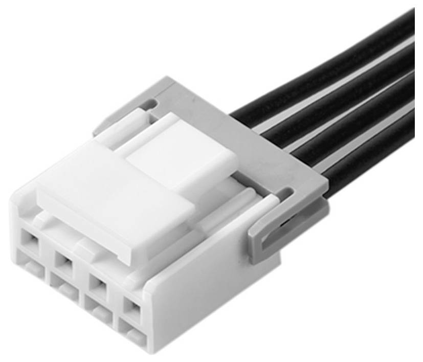 Weiße elektrische Steckverbindung mit mehreren schwarzen Kabeln, zeigt die Steckerseite.