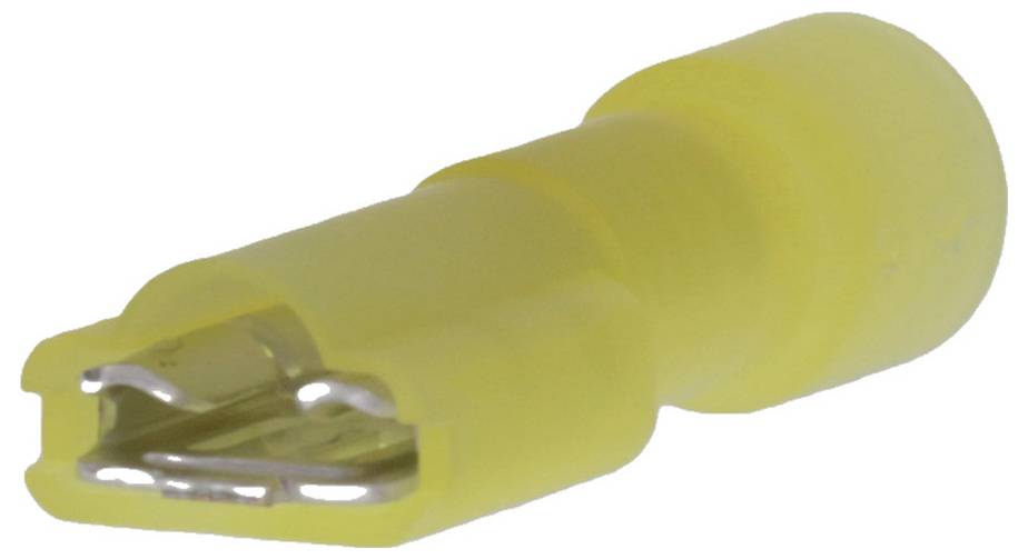Gelber isolierter Steckverbinder, weiblich, mit Metallklemme, für elektrische Verdrahtung verwendet.