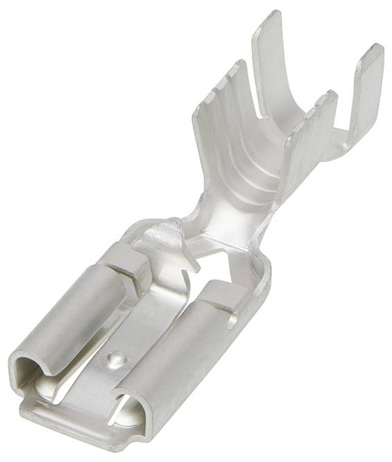 Metallischer elektrischer Stecker, isoliert, mit mehreren Öffnungen und Befestigungsschlitzen für Kabelanschlüsse.