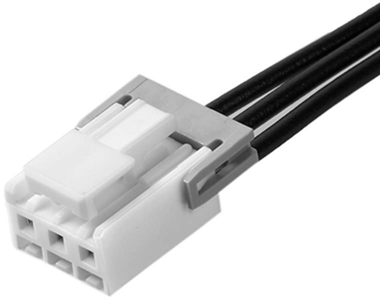 Ein 6-poliger weißer Elektrostecker mit schwarzen Drähten, die sich von einem Ende erstrecken, geeignet zum Verbinden elektronischer Komponenten.