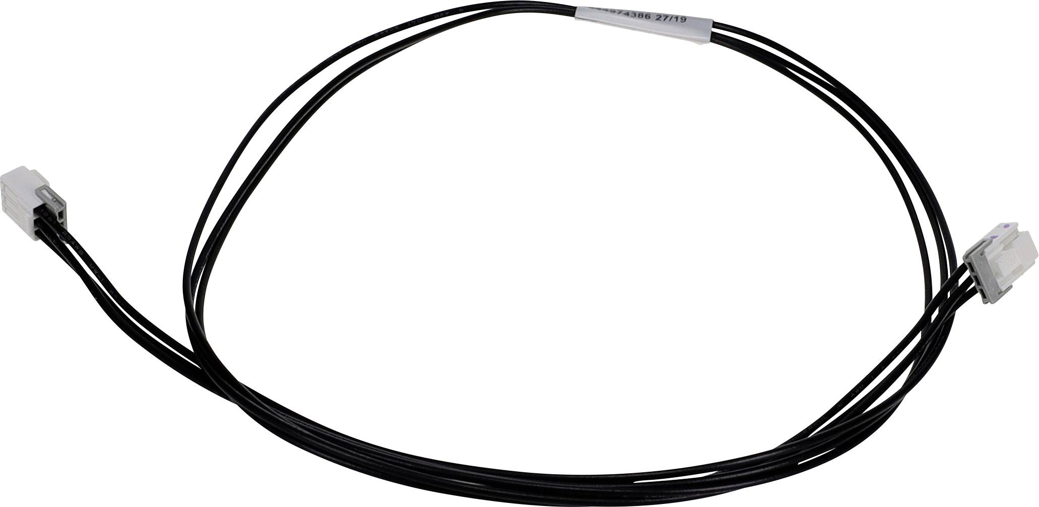 Ein schwarzes Kabel mit Anschlüssen an beiden Enden, das zur Verbindung elektronischer Komponenten verwendet wird.