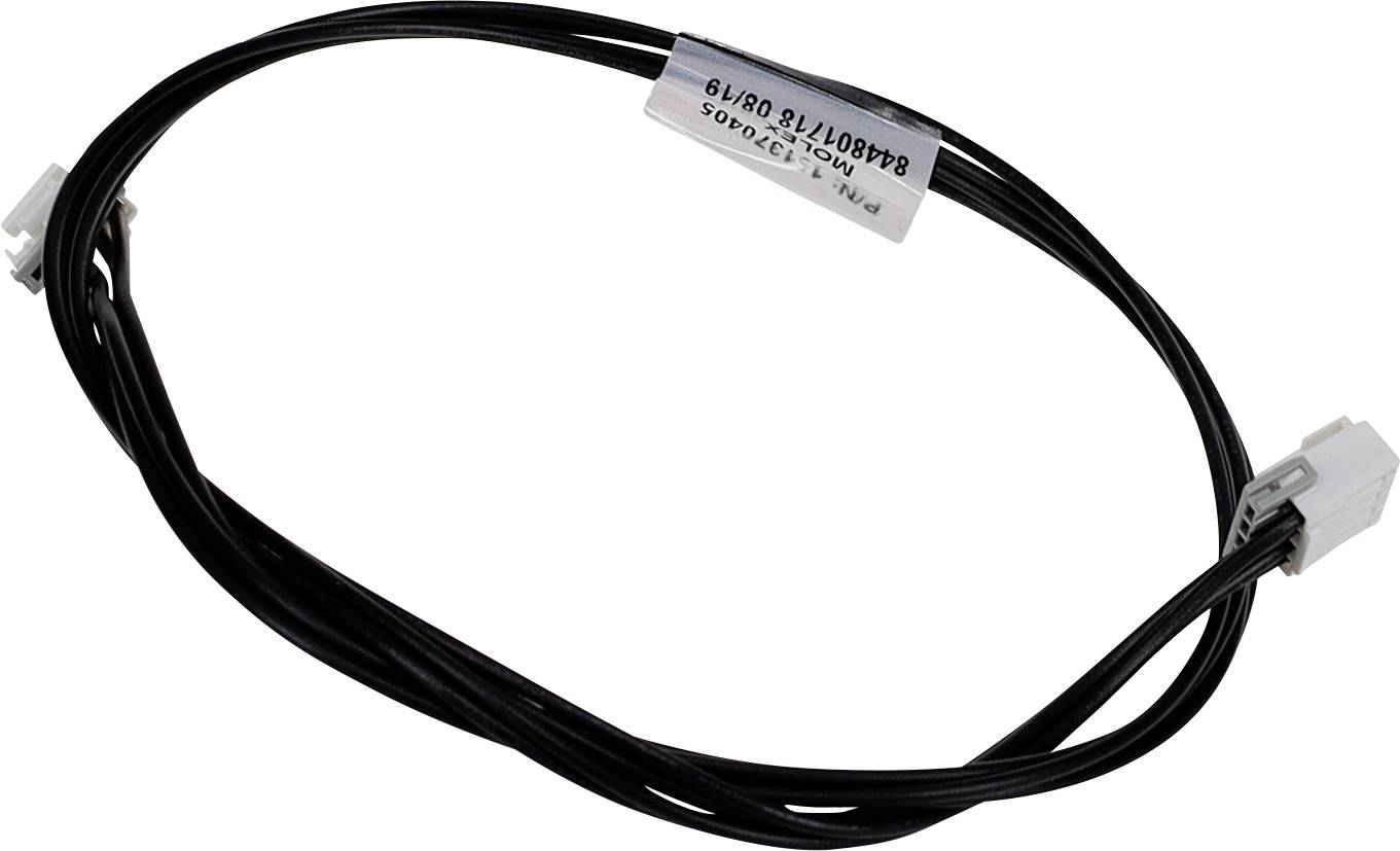 Ein gewickeltes schwarzes Kabel mit Anschlüssen an beiden Enden, das für elektronische oder Computer-Hardware-Verbindungen verwendet wird.