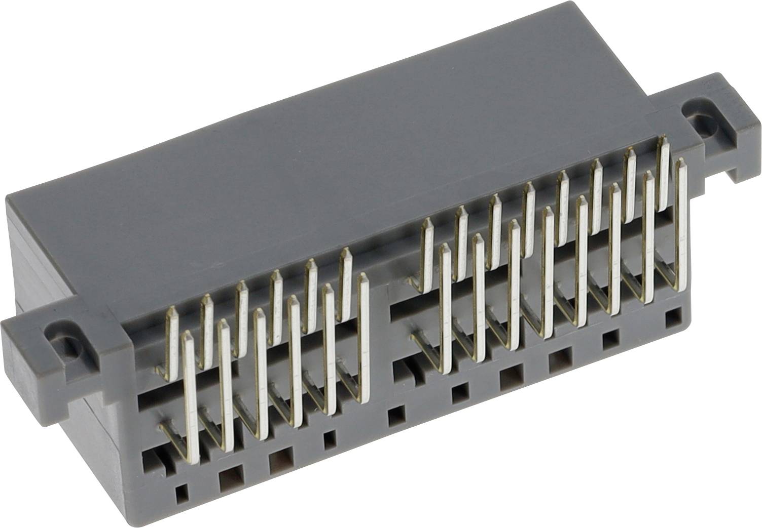 Ein grauer elektrischer Verbinder mit mehreren Metallstiften, die in Reihen ausgerichtet sind und zur Schnittstelle von elektronischen Komponenten verwendet wird.