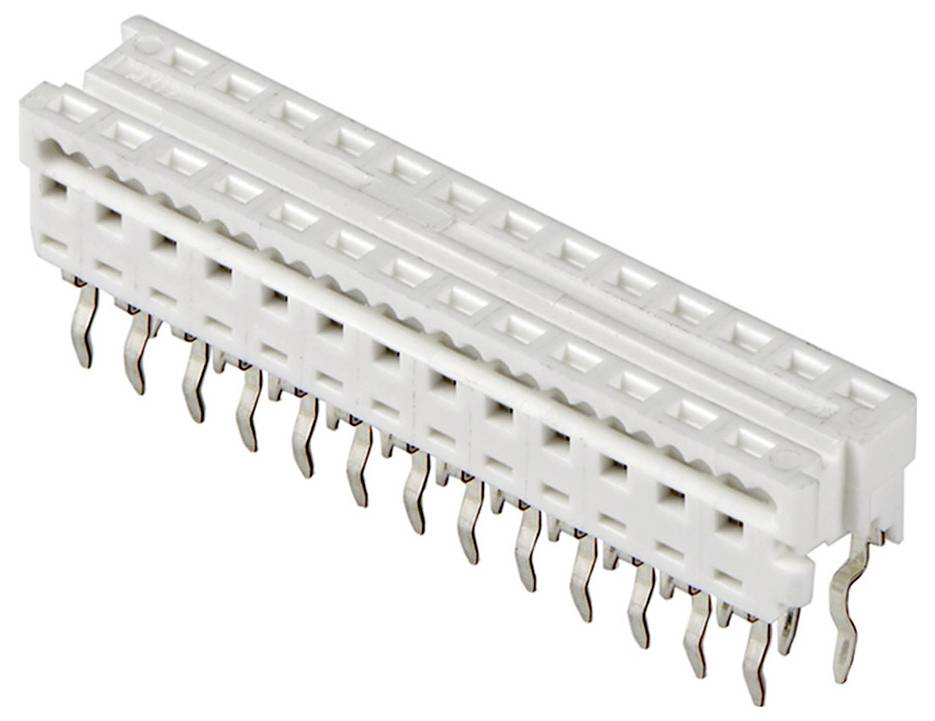 Ein weißer, rechteckiger elektrischer Stecker mit mehreren Metallkontakten, verwendet für elektronische Verbindungen auf Leiterplatten.