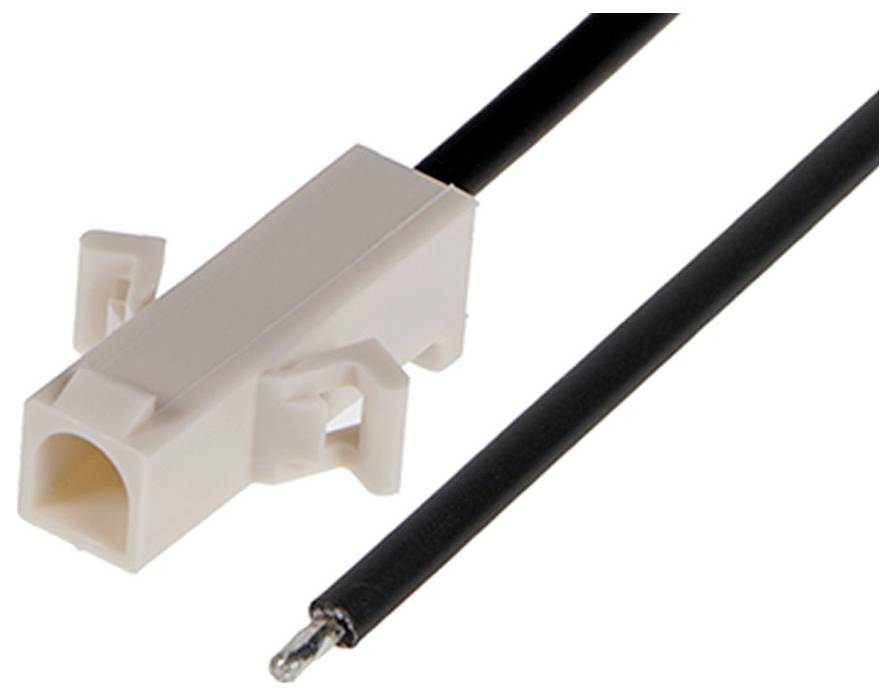 Weißer Steckverbindergehäuse mit schwarzem Kabel und silbernem Stift, für elektrische Anwendungen.