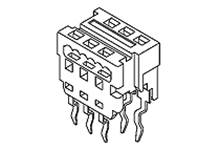 Ein technisches Diagramm, das einen elektrischen Steckverbinder mit mehreren Pins und komplexer Form zeigt.
