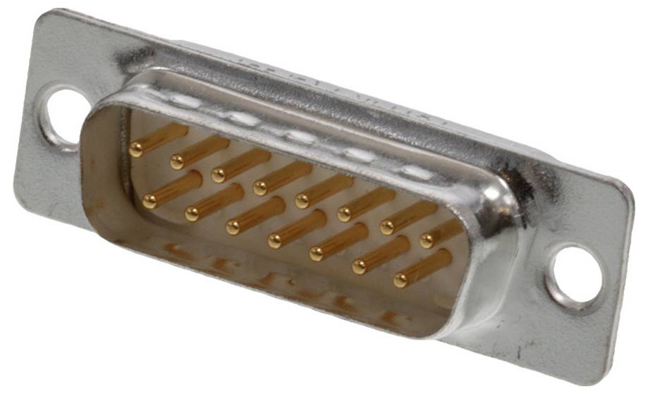 Metall-Stecker mit 15 goldenen Pins in zwei Reihen, typisch für VGA-Anschlüsse, verwendet für analoge Videosignale.