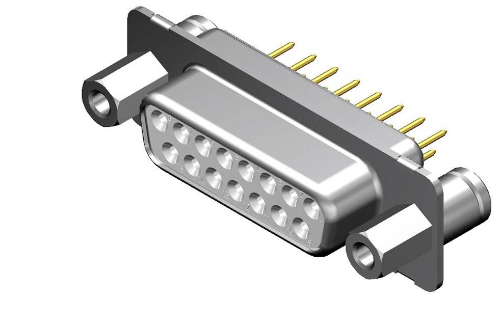 Ein silberner D-Sub-Anschlussstecker mit mehreren Pins, flankiert von zwei Schrauben. Verwendet für elektronische Verbindungen.