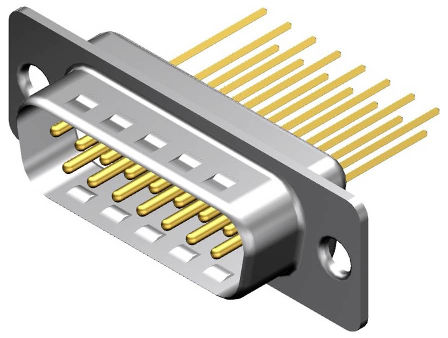 Ein rechteckiger Steckverbinder mit mehreren Metallstiften in zwei Reihen, zum Anschluss elektronischer Geräte.