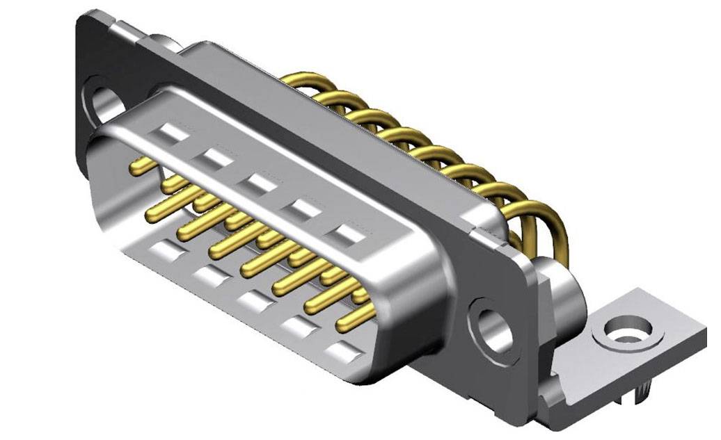 Ein grauer D-Sub-Stecker mit goldenen Pins in einer Metallhülle, häufig für Computer- und Industrieanwendungen verwendet.