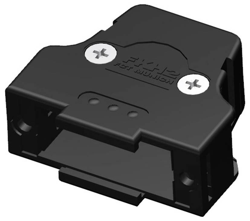 Schwarzer Kunststoffstecker mit zwei Schrauben auf der Oberseite.