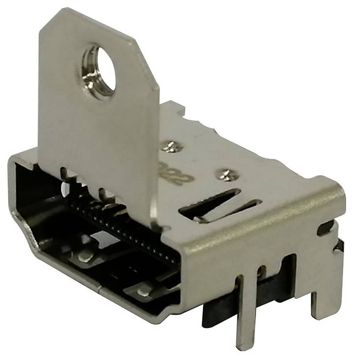 Ein Metall-Steckverbinder mit rechteckiger Öffnung und oberer Befestigungsplatte. Geeignet für elektronische Anschlüsse.