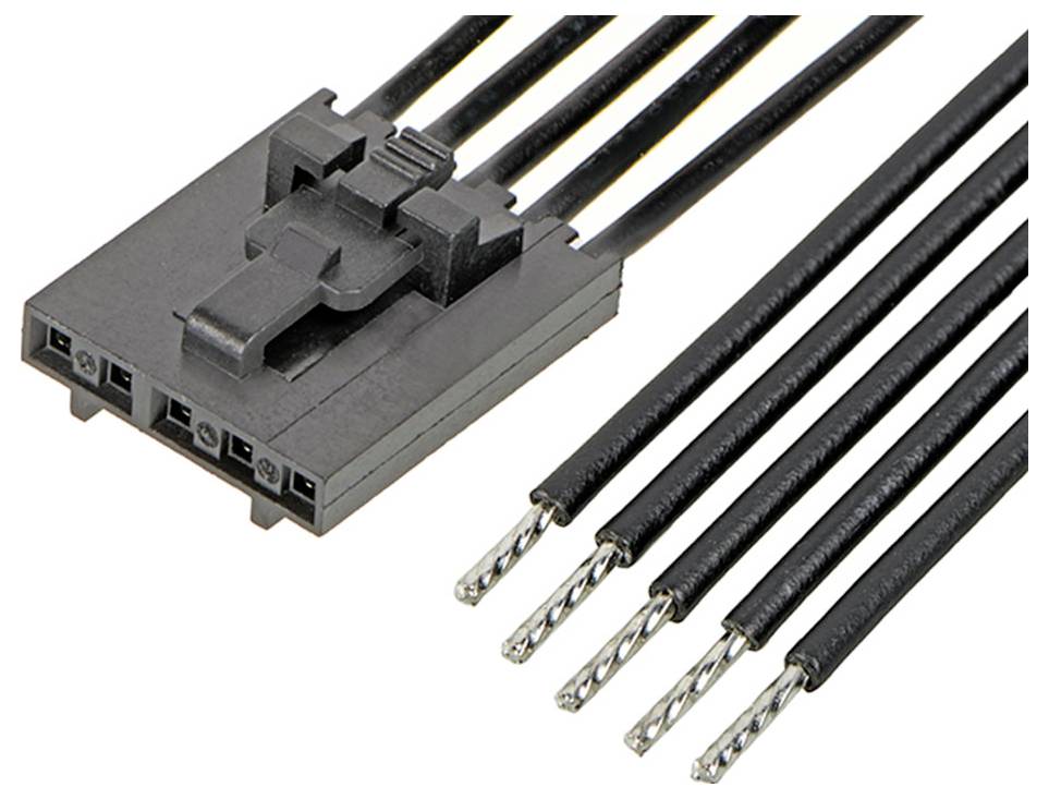 Schwarzer Mehrfachstecker mit sechs offenen Kabelenden. Stecker zeigt sechs Anschlussöffnungen, passend für technische Verbindungen.