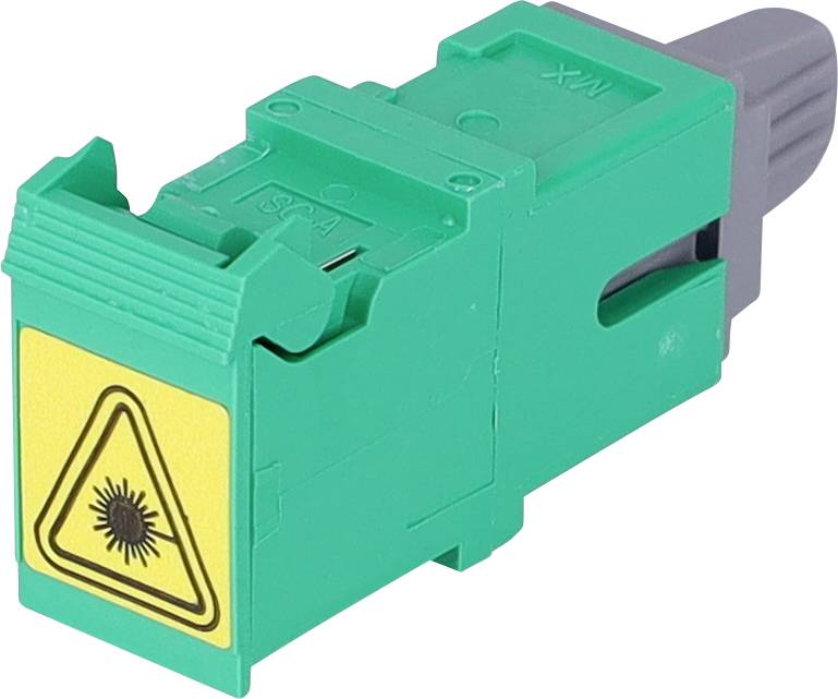 Ein grüner Glasfaserverbinder verfügt über ein gelbes Warnschild mit einem Laserikon, das Vorsicht vor Laserstrahlung anzeigt.