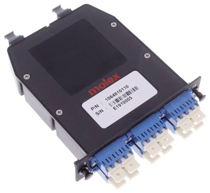 Molex-Markenfaseroptik-Patchpanel-Modul mit mehreren blauen LC-Steckverbindern für Netzwerkkabelung, Teilenummer 1064810110.