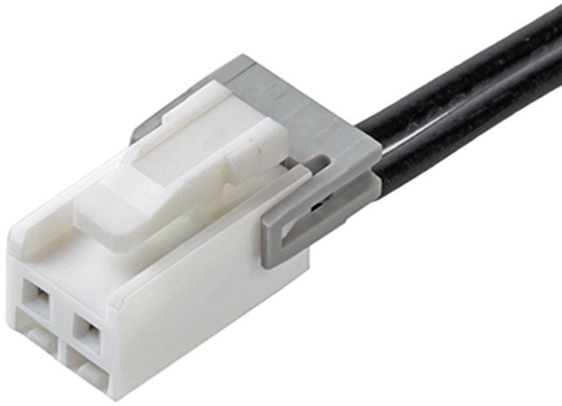 Eine Nahaufnahme eines weißen Elektrosteckers mit zwei angeschlossenen schwarzen Drähten, der zum Verbinden von elektronischen Komponenten verwendet wird.