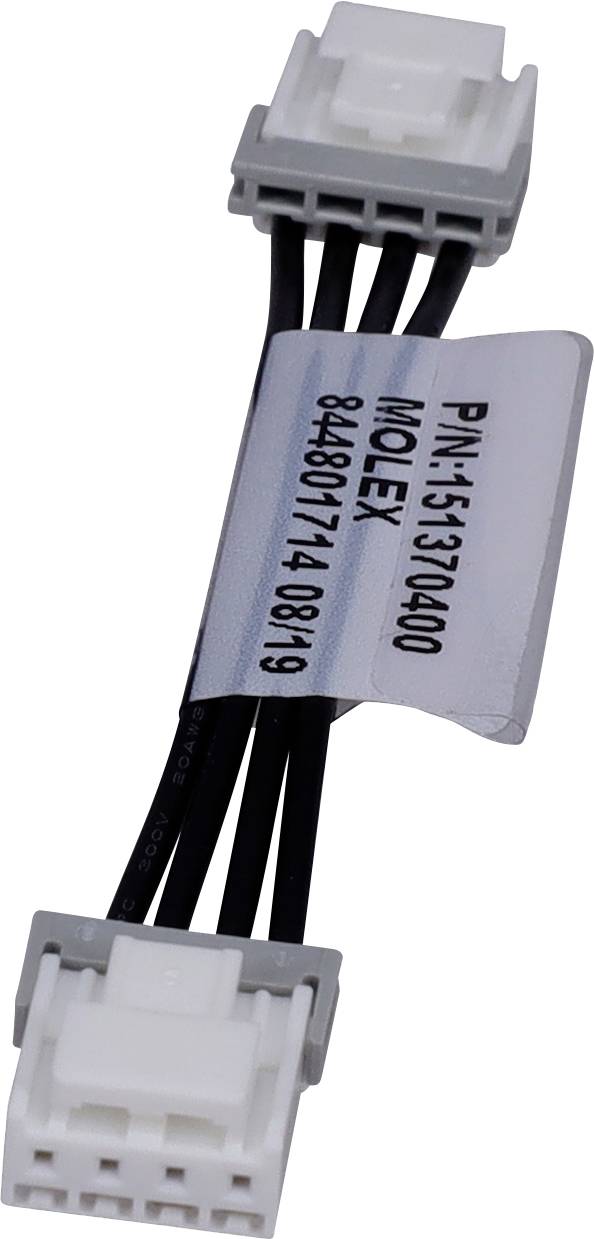 Ein schwarzes Kabel mit zwei weißen Steckverbindern an jedem Ende, beschriftet mit 'P/N: 513700400 MOLEX 848071140819'.