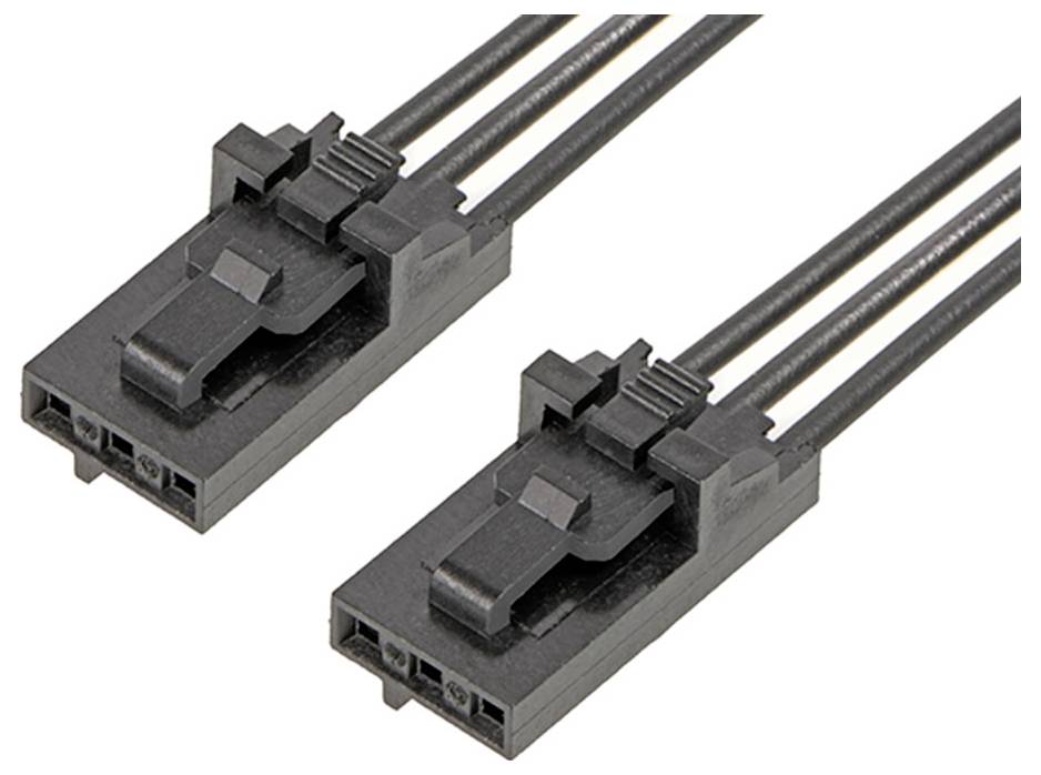 Zwei schwarze dreipolige Buchsen mit Verriegelungshinrichtung, verbunden durch schwarze Kabel. Sie sind zur elektrischen Verbindung von Geräten gedacht.