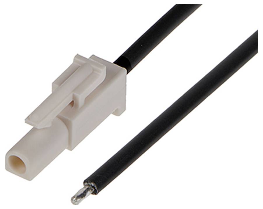 Ein schwarzes Kabel mit einem weißen Steckverbinder an einem Ende; das andere Ende hat keinen Stecker und zeigt den Draht.