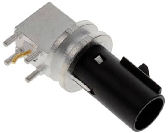 Eine Nahaufnahme einer zylindrischen elektrischen Komponente mit einem schwarz-silbernen Gehäuse, ausgestattet mit Metallstiften und einem gelben Anschlusskabel.