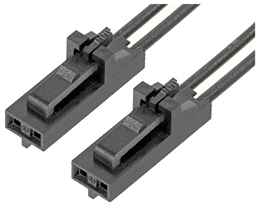 Zwei schwarze zweipolige Kabelstecker mit Klemmen, die nebeneinander liegen.