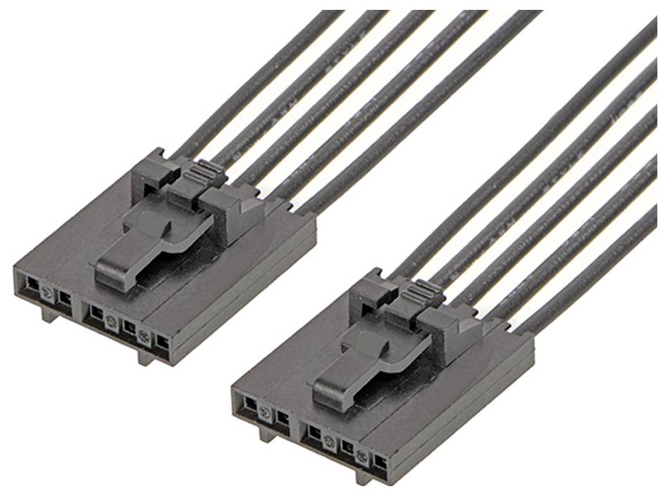 Schwarz gefärbte Kabelstecker mit je vier Drähten, zwei identische Einheiten nebeneinander. Elektronikverkabelungskomponenten.