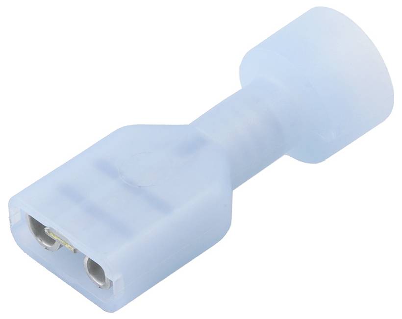 Ein blauer, isolierter Flachstecker-Stecker zeigt zwei Metallkontakte und eine Kunststoffumhüllung.