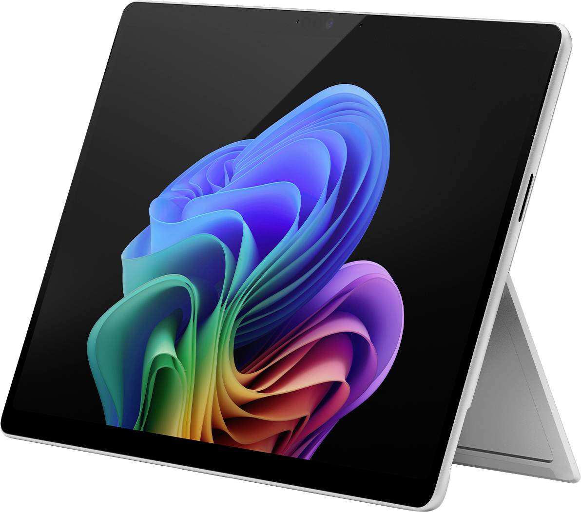 Ein Tablet mit einem bunten, abstrakten Design auf dem Bildschirm steht auf einem integrierten Ständer.