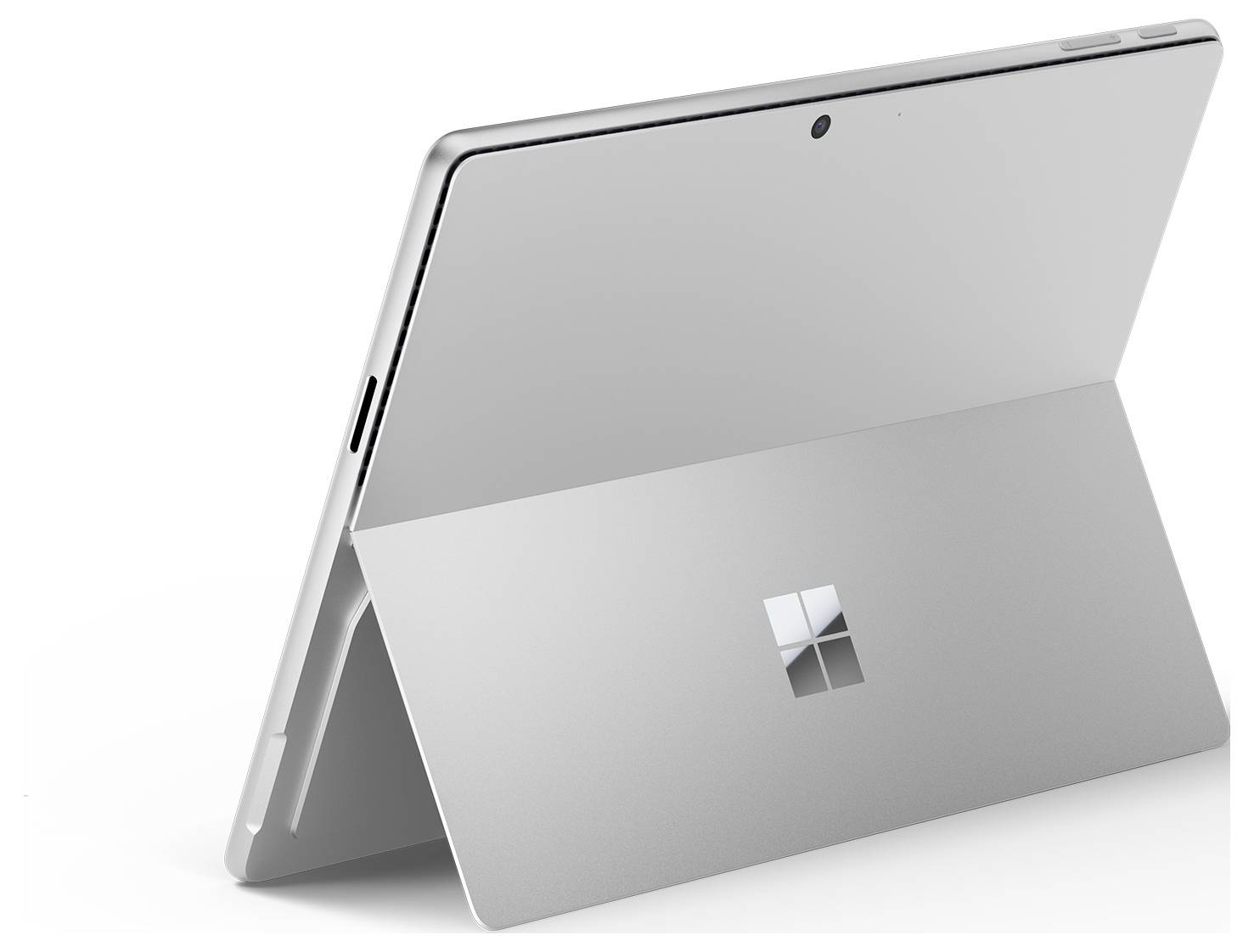 Rückansicht eines Tablets mit integriertem Ständer, zeigt das Gerät in aufrechter Position. Markenlogo sichtbar in der Mitte.
