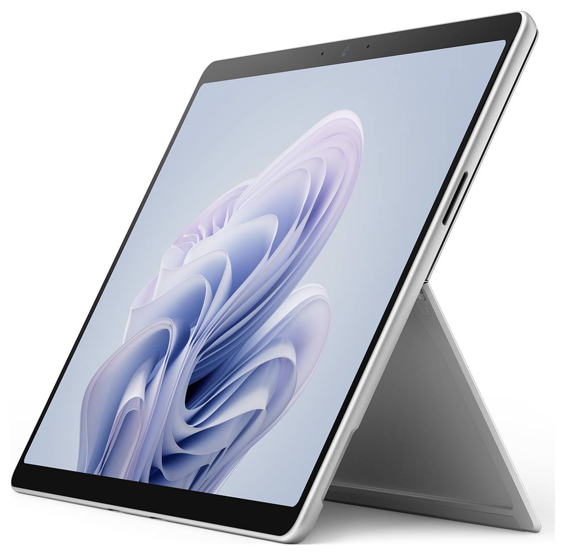 Ein moderner, silberner Tablet-Computer steht in einem Winkel auf einem Ständer. Der Bildschirm zeigt ein abstraktes, blau-violettes Design.