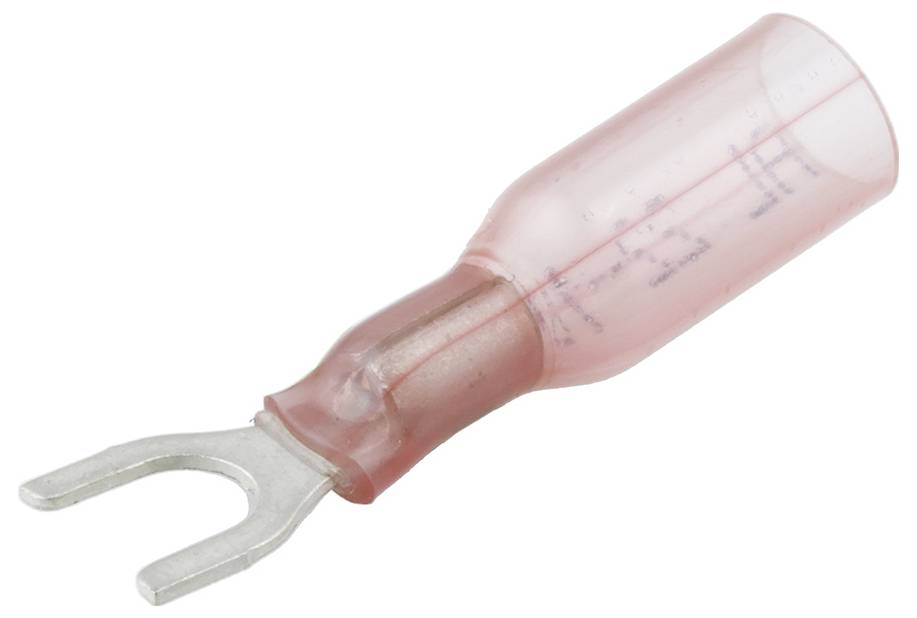 Gabelkabelschuh mit rotem, durchsichtigem Kunststoffisolator. Geeignet für elektrische Verbindungen mit Schraubklemmen.