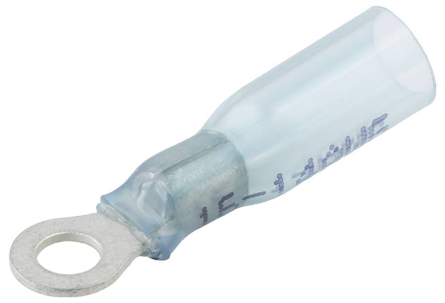 Ein blauer, isolierter Kabelschuh mit Ringöse für elektrische Verbindungen, geeignet zum Crimpen von Drähten.