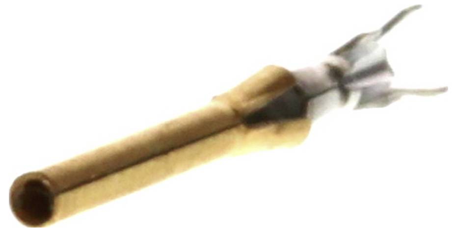 Eine goldene elektrische Steckverbindung mit offener Spitze und zwei seitlichen Armen zur Befestigung von Kabeln.
