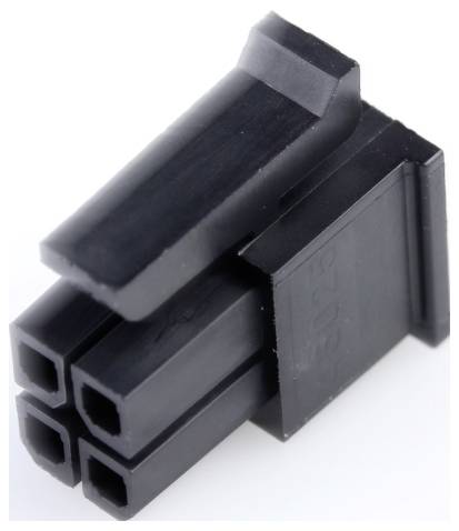 Ein schwarzer vierpoliger Kunststoffstecker, häufig in Computern zur Stromversorgung von Komponenten verwendet.