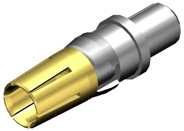 Ein metallischer Steckverbinder mit silbernem Gehäuse und goldfarbenen Kontaktstiften, geeignet für präzise elektronische Verbindungen.