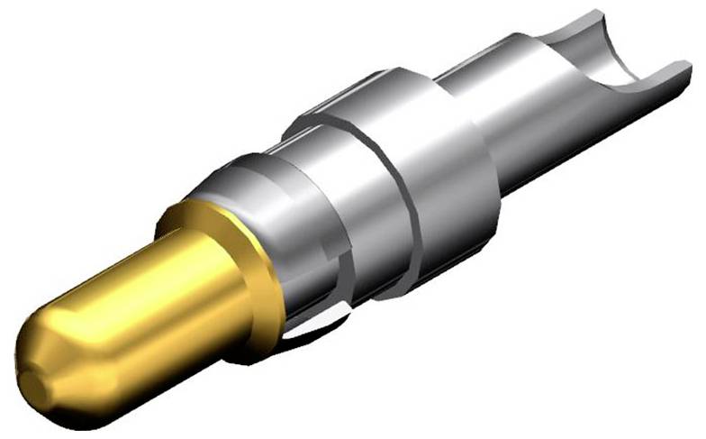 Metallischer Steckverbinder mit goldener Spitze und silbernem Gehäuse, seitlich im Bild. Dient zur elektrischen Verbindung.