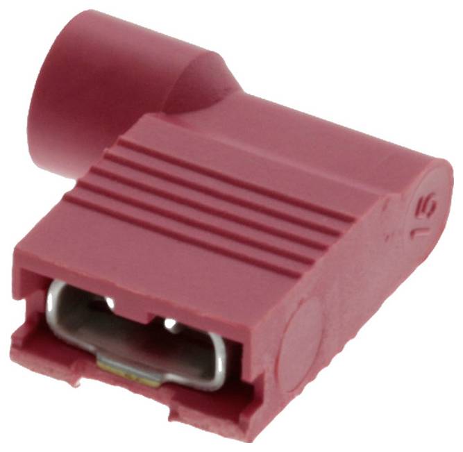 Ein roter Kunststoff-Steckeradapter mit rechteckiger Form und horizontalen Rillen. Einer der Anschlüsse und ein Kabelausgang sind sichtbar.