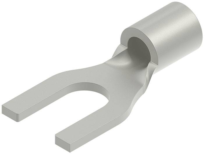 Silberner Metallstecker in Gabelform, bekannt als Flachstecker oder Spade Terminal, wird zum Verbinden von Drähten mit elektrischen Komponenten verwendet.