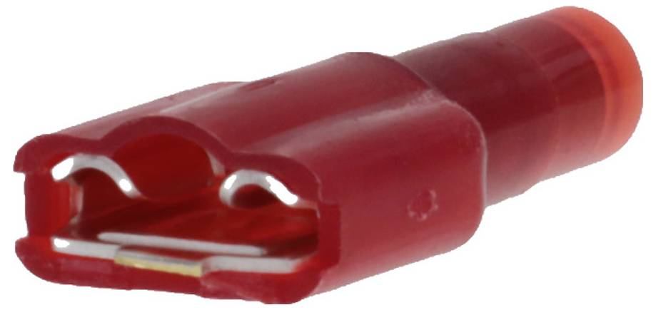 Rotes, isoliertes Flachsteckhülsen-Kabelende, typischerweise für elektrische Verbindungen in Autos oder Elektrogeräten verwendet.