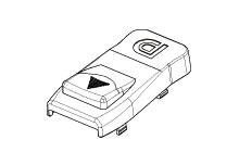 Technische Zeichnung eines elektronischen Geräts in rechteckiger Form mit seitlichen Anschlüssen, einem Symbol und einem Dreieck oben.