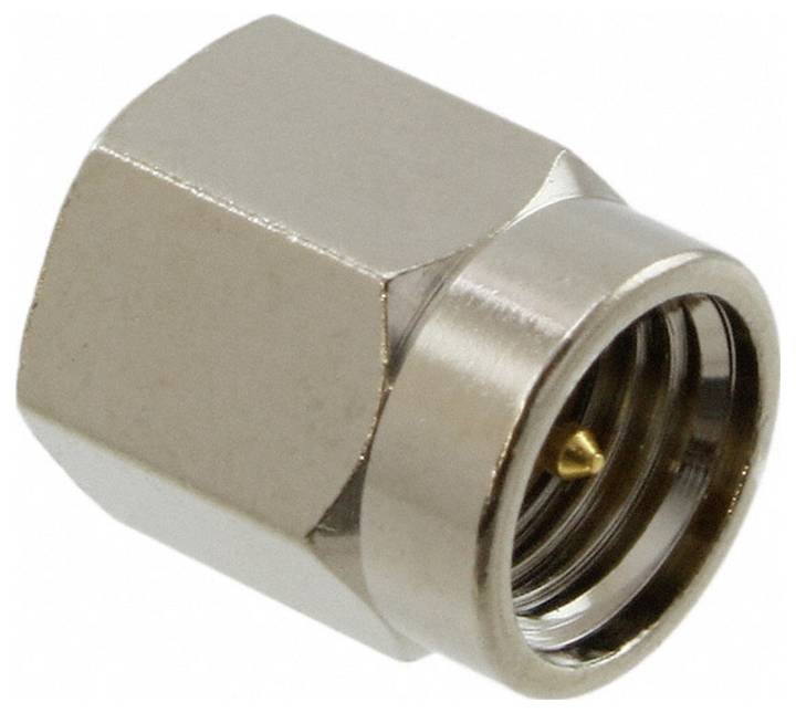 Ein metallischer HF-Koaxialstecker mit glänzender Oberfläche, mit einem Gewinde am Ende und einem zentralen Stift zur Signalübertragung.