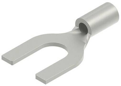 Ein metallischer Gabelklemmanschluss mit zwei Zinken, der zum Verbinden von elektrischen Drähten mit Schraubklemmen verwendet wird.