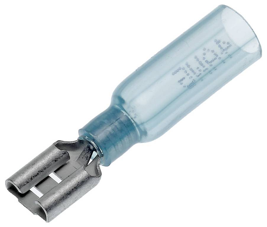 Ein blauer isolierter Flachsteckverbinder mit Metallklemmen, verwendet zur sicheren elektrischen Verbindung von Kabeln.