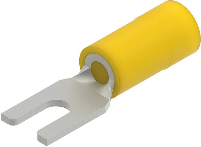 Ein gelber isolierter Gabelklemmanschluss, der für elektrische Verbindungen verwendet wird, verfügt über eine Metallgabel zur Drahtbefestigung und eine zylindrische Isolierhülse.