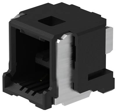 Ein schwarzer RJ45-Buchsenanschluss mit metallischen Seiten, zur Verwendung in Netzwerkverbindungen.