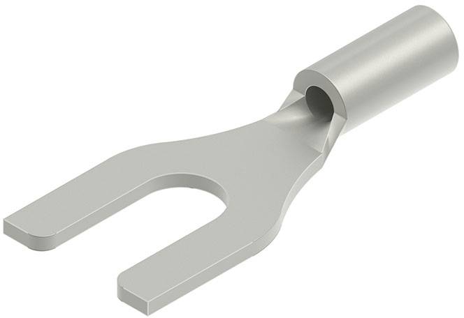 Gegabelter Elektrostecker aus Metall mit zwei Zinken, konzipiert zum Anschluss von Draht an eine Schraube oder einen Anschluss.