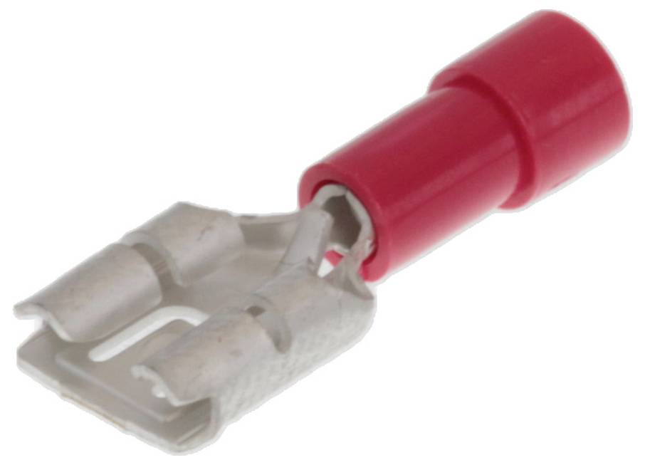 Ein roter Flachstecker für elektrische Verbindungen, aus Metall und Kunststoff, isoliert, für Kabelanschluss.