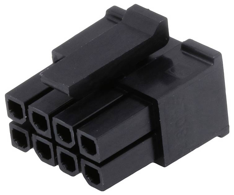 Ein schwarzer Kunststoffstecker mit acht rechteckigen Anschlüssen in zwei Reihen. Verwendet für Strom- oder Datenverbindungen.