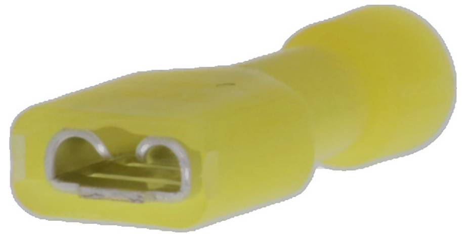 Ein gelber, isolierter Flachstecker mit Metallanschluss in Nahaufnahme. Geeignet für elektrische Verbindungen in Kabelsystemen.